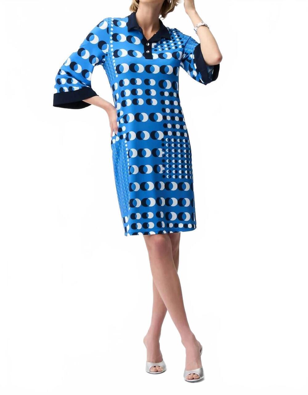 NEW JOSEPH RIBKOFF silky knit dot print shirt dress with contrast collar and cuf